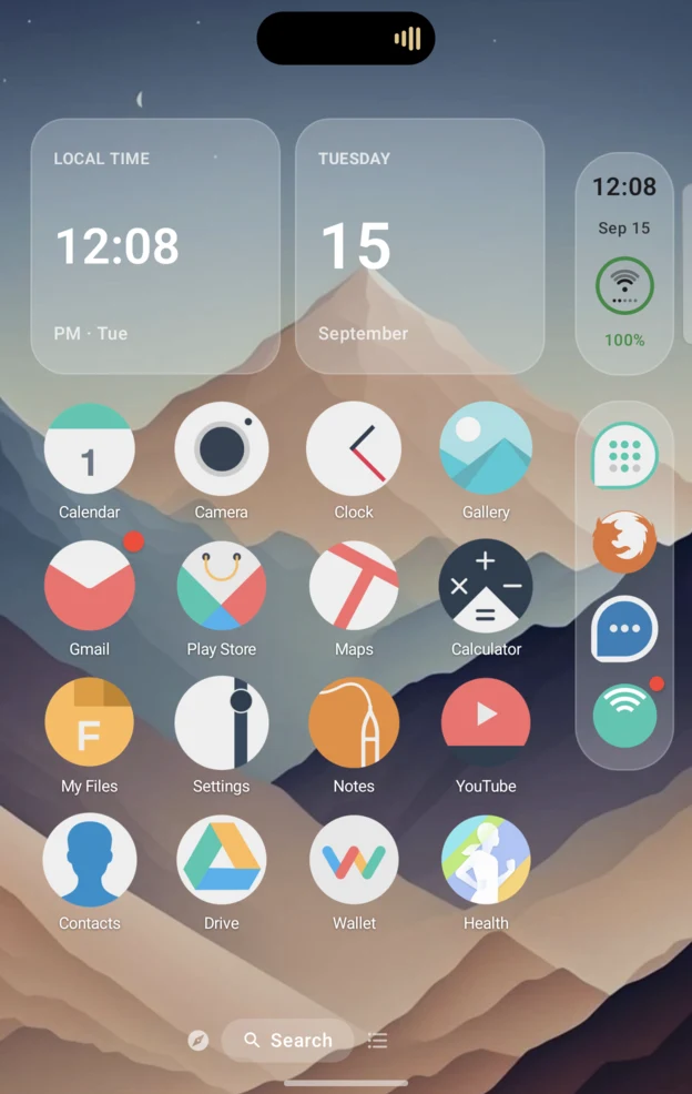 Folio Home Screen on a phone, with clock and date widgets above a grid of app icons.